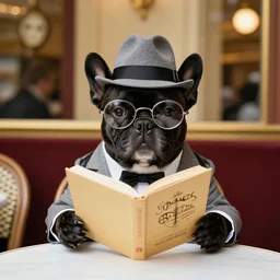 a portrait picture of a black french bulldog wearing a dinner jacket wearing a hat and reading glasses, sitting at a table at a french cafe by salvador dali symmetric
