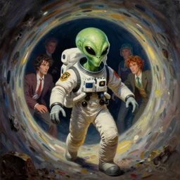 an evil alien astronaut dressed as a border patrol officer, entering a quantum wormhole, lowbrow pop surrealism, gary baseman, dan mumford, pedro correa, preston blair, tex avery, dan mumford, mad magazine, matte sharp painting, rules of composition