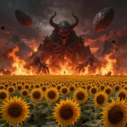 sunflower fields in hell, hell, fire, demons, moutains, asteroid, apocalyptic, horror art, artstation