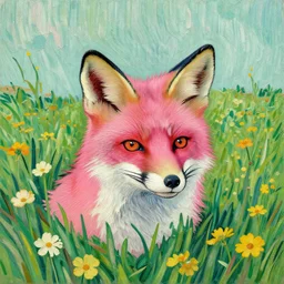 pink fox head popping out of a field of flowers by Van Gogh, minimalist, detailed