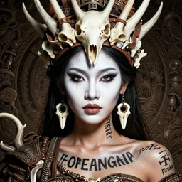 a fierce looking beautiful young thai woman with symmetrical white makeup, wearing an intricate headdress made from bones and leather, wearing large earrings made from white bones, black words written on skin, hyperdetailed illustration by irakli nadar and alexandre ferra, intricate linework, in the style of a national geographic portrait, unreal engine 5 highly rendered, global illumination, radiant light, detailed and intricate environment