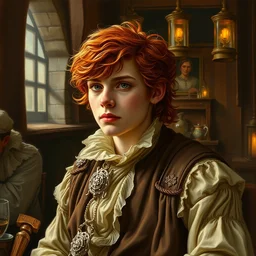 a young red head bard in renaissance clothes, in a tavern, portrait by dave dorman and daniel docciu