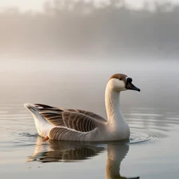 a goose swimming in a calm lake at sunrise matte painting, foggy, 4 k wallpaper, trending on artstation, professional photography
