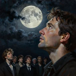 a closeup oil painting of a man staring at the moon, dark cloudy night, ultra realistic, true life, 8 k, masterpiece, cinematic, by frank frazetta, studio ghibli, greg rutkowski, christian macnevin, beeple, leonid afremov, wlop, krenz cushart, epic character art, volumetric lighting, dark night