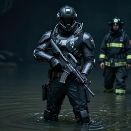 soldier standing in murky water dark. cyberpunk soldier helmet mecha armor black matte angular armor white Chinese writing. Holding AR-15 rifle black. Bladerunner 2049 ((Cyberpunk2077)). ((Man wearing fire fighter uniform))
