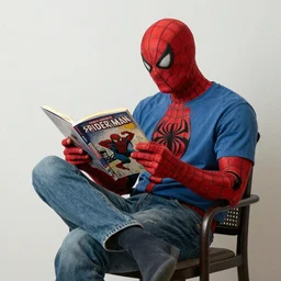 A man sitting on a chair Reading a Spiderman comic book