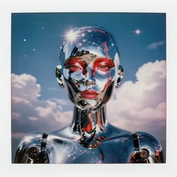 analog polaroid portrait of an attractive chrome female robot looking at the camera, beautiful, Hajime Sorayama, symmetrical facial features, sheen, red reflections, unreal engine, azure sky, big clouds visible, sunlight, reflection, sparkles, stars, lensflare, film grain, depth of field, color bleed