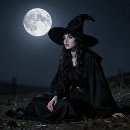 portrait of a young witch in a black robe sitting on the ground with a full moon in the sky overhead, highly detailed, by frank frazetta and boris vallejo