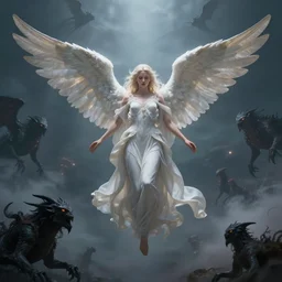 one beautiful angel floating in the sky, surrounded by dark mysterious creatures, wide angle, dungeons & dragons, hyper detailed, digital art, trending in artstation, cinematic lighting, studio quality, smooth render