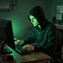 a hacker sitting at his computer with green glare by raymond swanland, highly detailed