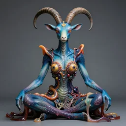 a portrait photograph of a meditating fierce colorful harpy antilope super villian girl with slimy amphibian scaled blue skin. she is wearing a living organic dress. by donato giancola, hans holbein, walton ford, gaston bussiere, peter mohrbacher and brian froud. 8 k, cgsociety, fashion editorial