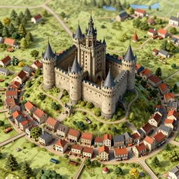extreme close up!!! of aerial view of castle on a illustrated map with illustration, infographic, of a steampunk small town, vivid color scheme, sharp focus, clear image, hyper realistic, by renaissance cartography