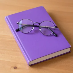 a purple book on the top of a wood desk with a circular glasses on the top of the book