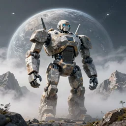 a giant robot made out of rocks standing on mountains during foggy weather and a planet in the backround, award winning, trending on artstation, unreal engine