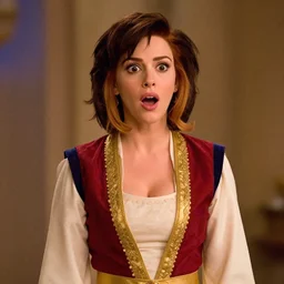 movie still of shocked surprised christina hendricks with cosplaying as aladdin from the aladdin, disney movie directed by ron clements, john musker