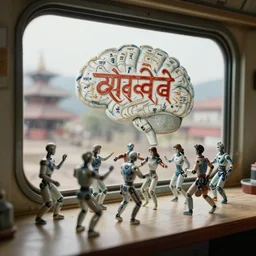 fuji gfx, 3 5 mm ; beautiful hyperrealistic film still from devanagari signs in nepal movie of traveling cyborg dance scene directed by microplastics in style of 1 9 9 0 s frontiers in miniature porcelain kintsugu macro design magazine architectural art studio devanagari seinen manga devanagari closeup portrait edition, real - life shinkansen window landscape view of porcelain wired devanagari brain map sign, highly detailed, tilt shift background
