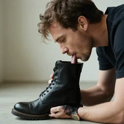 photo still of a man licking a boot