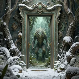 doorway to a creature in a lush trunda vegetation, snow snow :: by Michal Karcz, Daniel Merriam, Victo Ngai and Guillermo del toro :: ornate, dynamic, particulate, intricate, elegant, highly detailed, centered, artstation, smooth, sharp focus, octane render, 3d