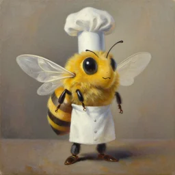 human bee chimera wearing chef attire oil on canvas
