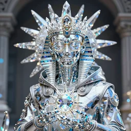 hyper detailed ultra sharp portrait of vietnamese people and bladerunner delicate neon diamond sculpture of seductive albino pharaoh nick jonas, wearing glasses, diamond sphinx blue iridescent humanoid deity wearing metallic hoody made out of hands holding the sun prismatic dungeon, glowing purole face, crown of white crystals, cinematic lighting, photorealistic, octane render 8 k depth of field 3 d