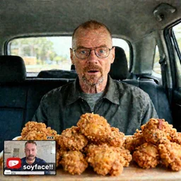 photo of walter white sitting in a car, surprised soyjak face, surrounded by fried chicken, mukbang video, youtube video, soyface!!!, hd