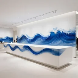 wide angle, interior design, modernism, minimalism, inside the department store counter : : 1. 5 a counter using the waves as a design concept is made of white paint and various blues cloth : : 1. 5 cinematic, 8 k, wave, concept art, trending on artstation, gorgeous