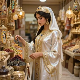 a young arabian lady shopping at a desert spice market, shiny, fantasy, intricate, elegant, hyper detailed, ultra definition, photoreal, artstation, unreal engine rendered, concept art, smooth, sharp focus, illustration, art by artgerm and greg rutkowski and alphonse mucha and garis edelweiss