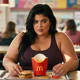 film still of obese 3 0 0 - pound kylie jenner dining at a mcdonald's, vibrant high contrast, octane, arney freytag, cinematic, portrait, backlit, rim lighting, 8 k
