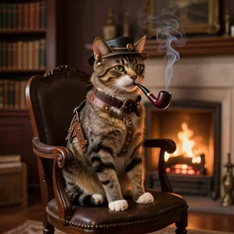 steampunk cat sits in a chair in front of a fireplace in a book lined room and smokes a pipe. realistic and detailed