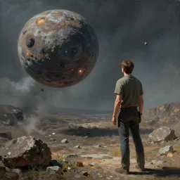 a man staring at an incoming asteroid, a photorealistic painting by Gregory Crewdson, cgsociety, playstation 5 screenshot, matte painting, cryengine