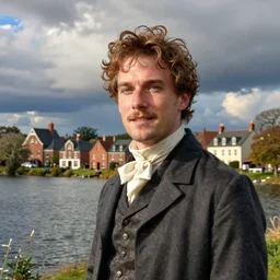 realistic Portrait of a victorian town near a lake. Colour, Detailed.