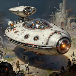 highly detailed wide - angle portrait of a retro a retro mechanical saucer spaceship, nicoletta ceccoli, mark ryden, lostfish, earl nore, hyung tae, frank frazetta, global illumination, detailed and intricate environment