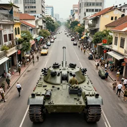 ARVN keeping the peace, Saigon City, Vietnam War, 4k, highly detailed, camera facing upwards from the ground, digital art
