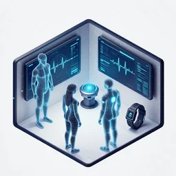3 d isometric room, sensors, dashboard, heartbeat, high detail, precise lines, angular, vector, biometric sensors, technical diagram, human wireframe, male and female, wearables, glowing, future