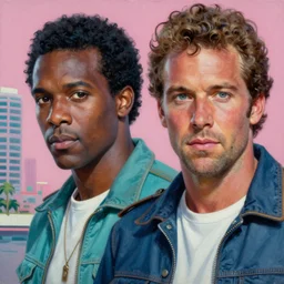an oil painting closeup of sonny crockett, and rico tubbs, eighties miami vice, ultra realistic, highly detailed, masterpiece, cinematic by frank frazetta, greg rutkowski, beeple, yoko taro, christian macnevin, beeple, wlop, krenz cushart, epic fantasy character art, volumetric lighting, cgsociety, pink and teal