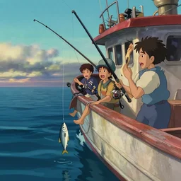 fishermen catching fish with rods in their ship at sea and reacting to the fish caught, fishing boat, studio Ghibli, Pixar and Disney animation, sharp, Rendered Unreal Engine 5, film key art, Greg Rutkowski, Bloom, dramatic lighting