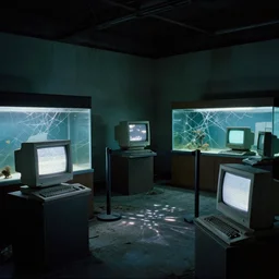 an abandoned forgotten liminal lonely cracked aquarium, old retro museum exhibition, 1 9 8 0 s computers, computer monitors, illuminated displays of computer screen savers, crystal refraction of light, stanchions, photo taken on fujifilm superia film, aquatic devices