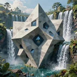 a strange angular monolithic structure by escher and mandelbrot, ricardo bofill, impossible geometry, utopian landscape by roger dean. magical realism, surrealism, waterfalls, trending on artstation, cinematic composition,