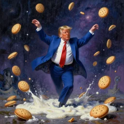 donald trump dancing in a rain of biscuits and white!! gravy!!, cosmic horror painting, elegant intricate digital painting artstation concept art by mark brooks and brad kunkle detailed