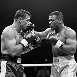 mike tyson fighting hasbullah magomedov in a boxing match, black and white, 1 9 4 0 s, grain, old photo