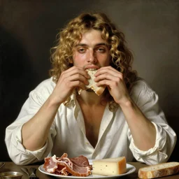 beautiful portrait painting of a hedonistic Dio Brando with long curly blond hair, voluptuous young man wearing an open poet shirt stuffing his face with meats and cheeses and bread, symmetrically parted curtain bangs, in love by Peter Paul Rubens and Norman Rockwell