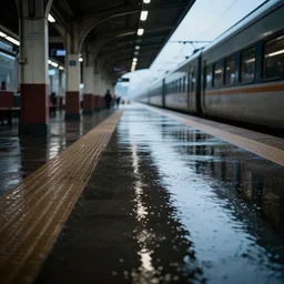 photo of a train station, the floor is flooded with one meter deep water. eerie, volumetric lighting. highly - detailed 4 k