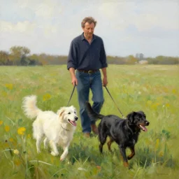 a man in a field, walking his two dogs, one dog is white, the other is black, bob ross painting