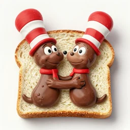 2 breads with chocolate hugging each other, Dr. Seuss style