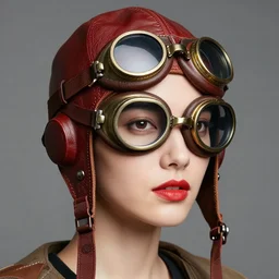 portrait of woman wearing old leather aviatorhelmet with flaps and steampunk goggles, red tones, detailed drawing, smooth and sharp, outlines, moebius, jean giraud, frank miller, flat colors