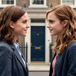 movie poster two parts : katie holmes at left, looking at emma watson at right, london baker street 2 2 1 b at background, inspired bbc sherlock movie, 8 k, cinematic, ultra detailed faces, octane render