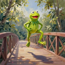 “Bob Ross painting of Kermit the Frog jumping off of a bridge”