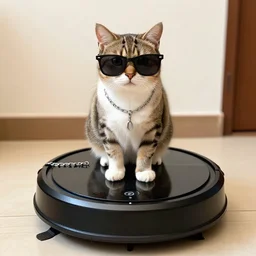 cat sitting on roomba riding towards camera, cat wears sunglasses and chains