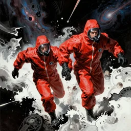 two scientists wearing red rick owens hazmat suits escaping the tear in the cosmic continuum by frank frazetta