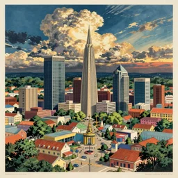 detailed colorful lithograph of cullman alabama in the style of Katsuhiro Otomo